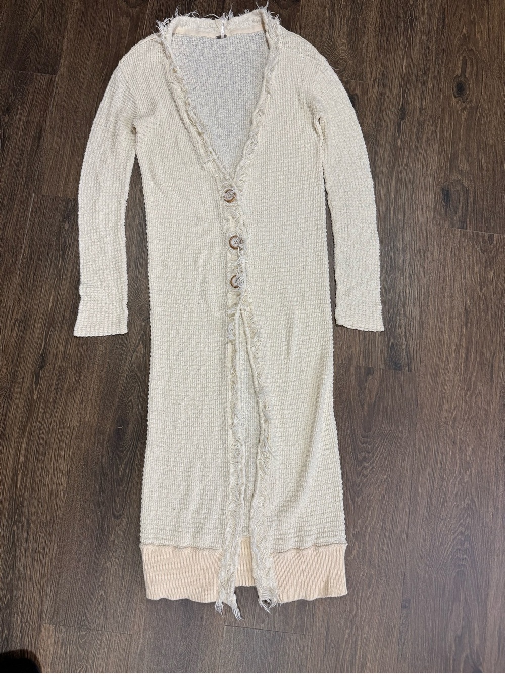 Free People Women Ivory Knit Duster Cardigan M Fray Fringe Boho Western Coastal